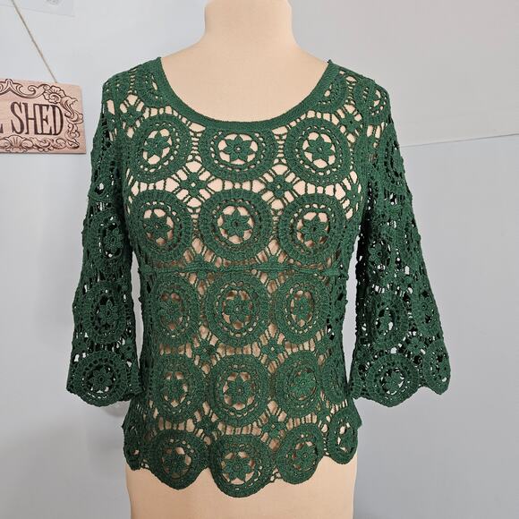 Ultra Pink Top Womens Small Green Open Crochet Knit 3/4 Bell Sleeve Scoopneck - Picture 3 of 14